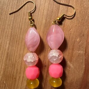 Elegant Pink Glass and Yellow Gemstone Beaded Earrings -HANDMADE